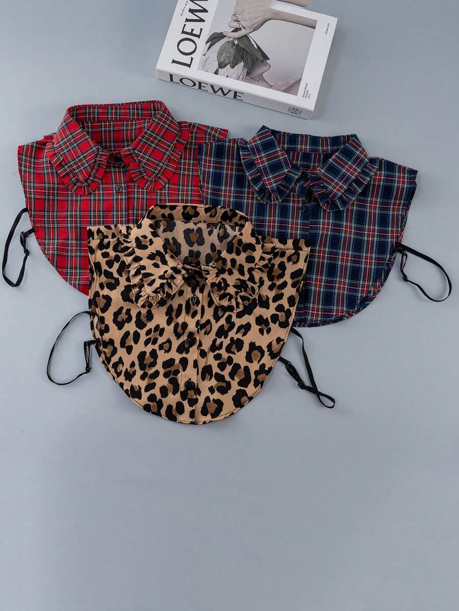 1pc Plaid & Leopard Print Casual Holiday Ruffle Collar Dickey