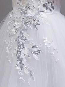 Young Girl 3D Floral Cold Shoulder Mesh Splice Party Dress, Flower Girl Birthday Party Wedding Formal Gown, Elegant Piano Performance Princess Dress - White - View 6