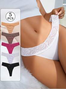 5pcs/Pack Sexy Lace Thong Panties, Low Waist High Elasticity V-Waist G-String Underwear, Spring/Summer