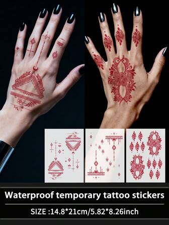 1Pc Henna Tattoo Fake Temporary Tattoo Ramadan Flower Geometric Stripes Red Waterproof Sweatproof Disposable For Women And Men Face, Arm, Waist, Chest, Leg, Abdomen, Neck, Hand, Finger, Back For Dancing Party Stage Performance Modernist Body Art