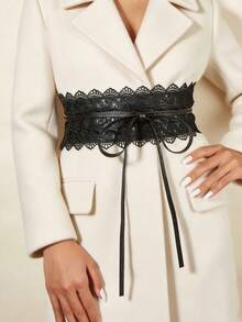 1 pieza Vestido elegante de encaje calado de múltiples capas con cinturón para mujer talla grande XXL, adecuado para fiestas casuales, bodas, vestidos de noche y disfraces de Halloween - Negro - Ver 1