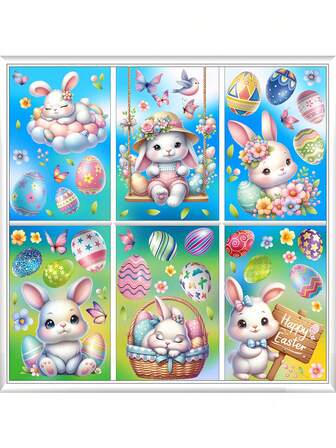 6Sheets- Easter Window Cling, Easter Rabbit Eggs Flowers Window Stickers, Larger 3D Easter Bunny Butterfly Rabbit Egg Window Stickers, Happy Easter Eggs Flower Spring Window Cling For Home, Office, Birthday Party Decoration Supplies
