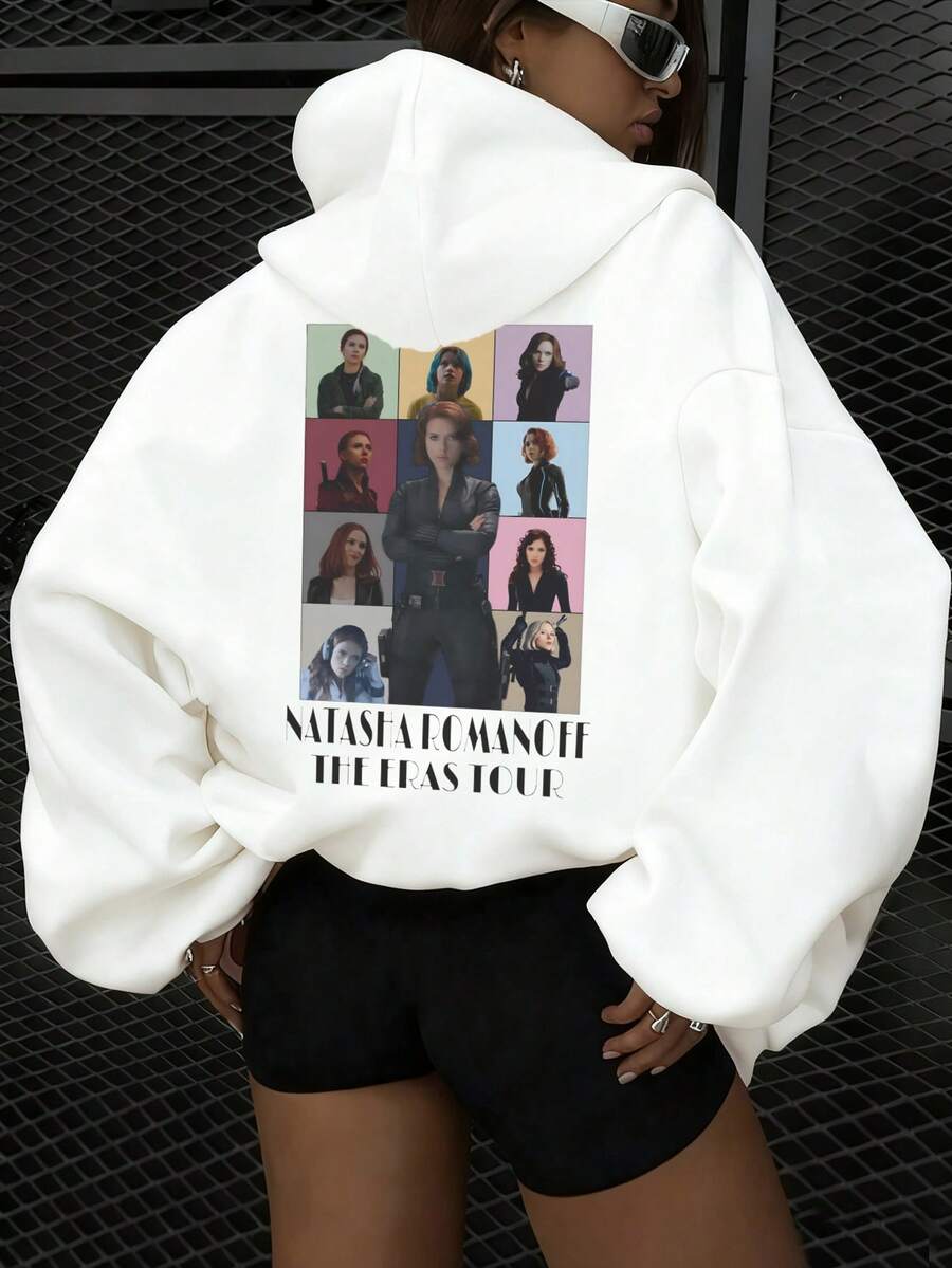 女士加厚抓绒内衬卫衣，复仇者联盟人物印花，纯棉落肩设计，百搭，风格涵盖潮流/复古/街头/英伦/学院风，适合秋冬季寒冷天气穿着。 - 白色 - 查看 1