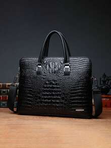 Men's Luxury Crocodile Emboss 14 Inch Briefcase Messenger Bag, Two Zippers Compartment Large-Capacity Laptop Bag, Crossbody Shoulder Bags Handbag For Business,Commutting Office Bag