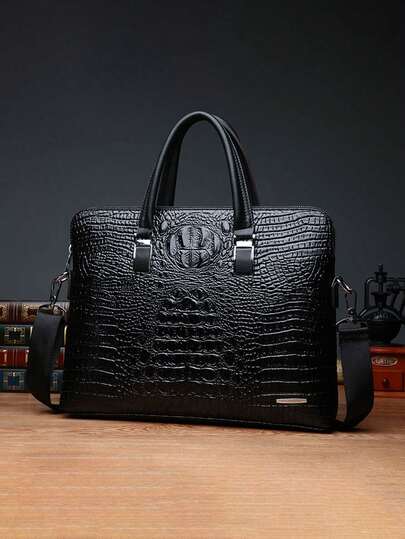 Men's Luxury Crocodile Emboss 14 Inch Briefcase Messenger Bag, Two Zippers Compartment Large-Capacity Laptop Bag, Crossbody Shoulder Bags Handbag For Business,Commutting Office Bag