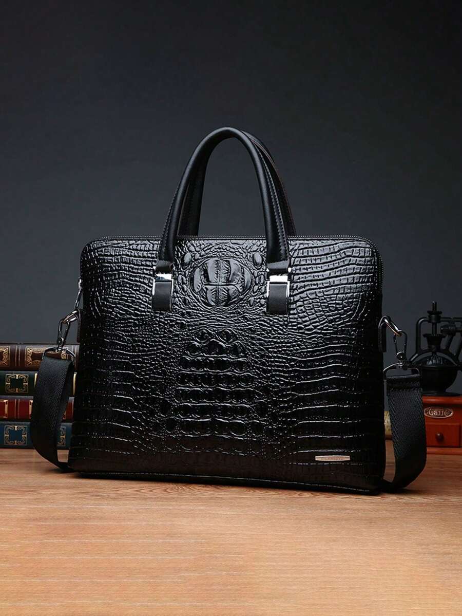 Men's Luxury Crocodile Emboss 14 Inch Briefcase Messenger Bag, Two Zippers Compartment Large-Capacity Laptop Bag, Crossbody Shoulder Bags Handbag For Business,Commutting Office Bag