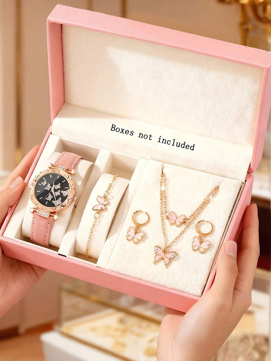 5/4 Stücke Mädchen modische und elegante Schmetterling Muster Quarz Uhr, geeignet für Mädchen zum Tragen, kombiniert mit Schmetterling Schmuck Halskette, Armband und Ohrring Set, ist die perfekte Wahl für Mädchen Geburtstag/Feiertag Geschenke, geeignet für den täglichen Gebrauch wie Schulrückkehr, Partys und Reisen. Weihnachtsgeschenke, Abschlusszeit, Valentinstag, perfekte Geschenke für Mädchen - Verschiedenfarbig - Übersicht 1