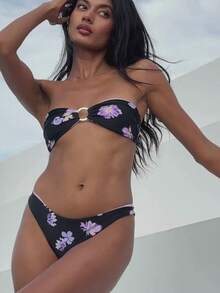 Traje De Baño Mujer Tankini Bikini Swimsuits Push Up Bikini Strapless Sleeveless Flower Print Tube Tops With Thong 2 Pcs Bathing Suit Swimwear - 黑色 - 查看 4