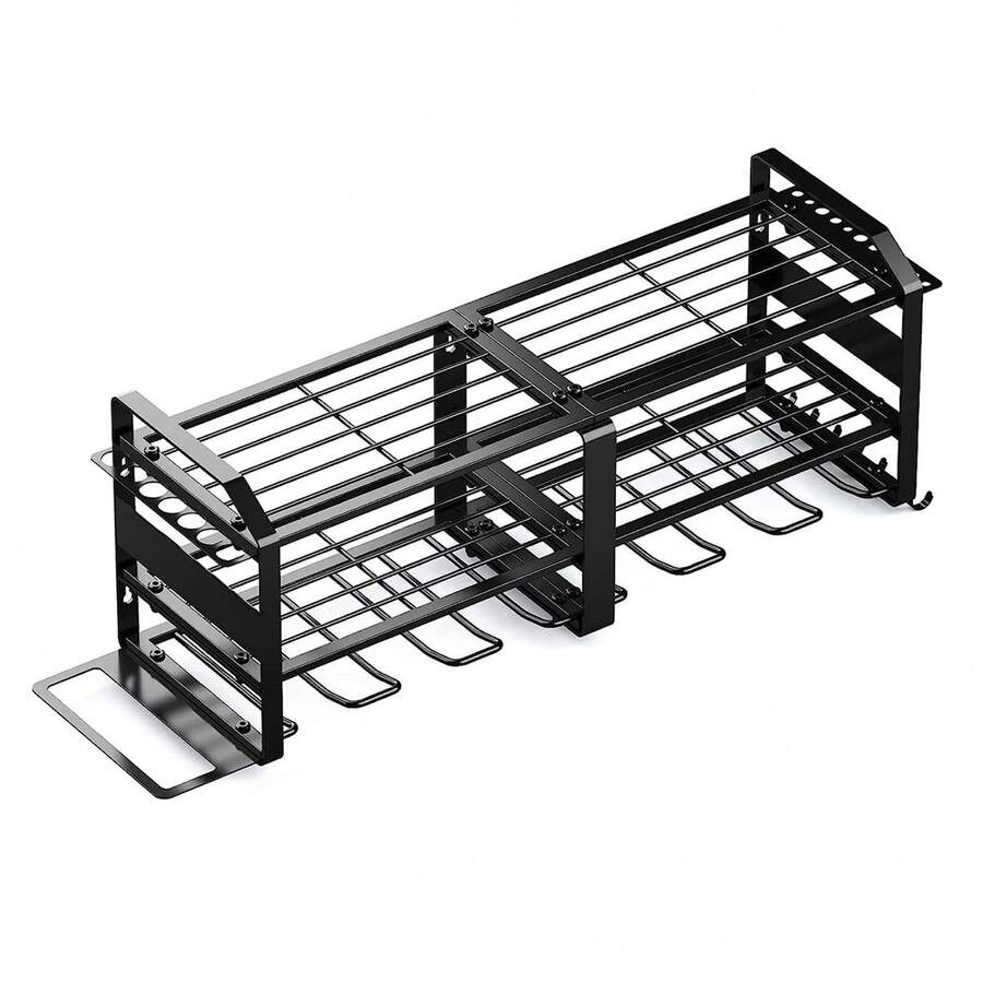Soporte de broca de taladro de 6 ranuras de banco, montaje en pared de herramienta eléctrica de acabado, estantería de herramienta de niveles para gaaje y estantería de acabado, estantería de herramienta metálic - Negro - Ver 1