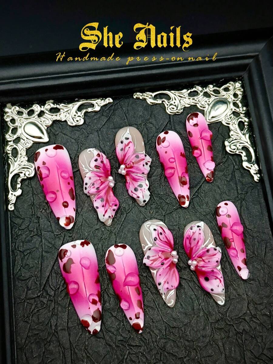 10pcs Cute Baroque Y2K French Shiny Cat Eye Metal Acrylic False Nails Set, Includes Handmade Long Pointed Pink, Gold, Purple, Orange, Blue, Green Nail Tips With Hand-Painted Floral, Wavy Cat Eye, 3D Tie-Dye, 3D Crown, Heart, Butterfly, Sun, Star, Zebra, Leopard, Turquoise Patterns, Suitable For Christmas - Màu Hồng Tươi - Xem 1