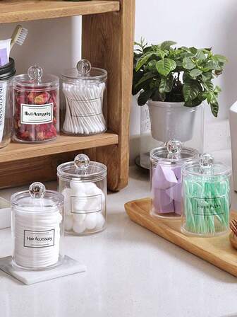 1pc/6pcs Transparent Cosmetic Storage Box With Cover, Desktop Makeup Removal Support, Cleaning Swab And Cleaning Pad Organizer, Suitable For Swab, Powder, Dental Floss And Other Multifunctional Storage Devices, Dresser, Bathroom, Home Decor, Room Decor, Bathroom Accessories