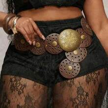 1 pièce Ceinture mode avec boucle ronde en PU bronze antique, boucle métallique ovale, style bohème, convient pour un port quotidien