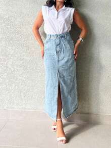 KISS ME LADY Kissmelady 8328 Saia Midi Jeans com brilho Feminina Lisa saia sem cinto 8328 - Lavagem Média - Visão 5