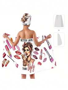2pcs Fashion Art Bathrobe & Towel Set, Wearable Hooded Bath Towel, Machine Washable Adult Home Bathrobe & Hair Drying Cap Set, Sauna Skirt, Bathrobe, Essential Bathroom Accessory - Multicolor - View 7