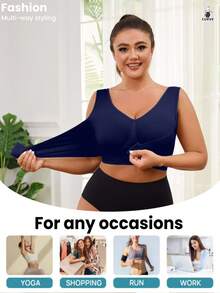 1件装无缝无钢圈前扣可调节支撑瑜伽睡眠文胸，舒适套头运动文胸，适合大码女性 - 藏蓝色 - 查看 3