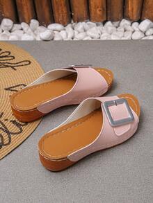 大码 36-45 夏季时尚休闲粉色金属扣坡跟凉鞋，舒适轻便户外罗马拖鞋，百搭女士厚底凉鞋 - 特級粉紅色PU - 查看 8