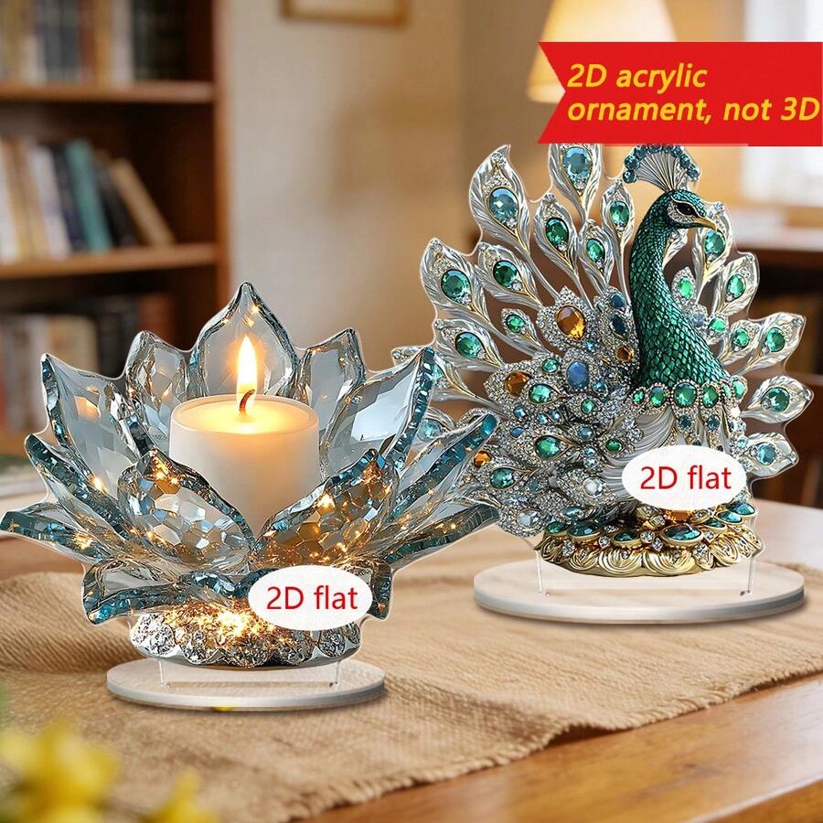 1/3pcs Crystal Lotus Lantern & Peacock Acrylic Desktop Decor, Multifunctional Ornament For Home, Dorm, Office, Also Suitable As Islamic Festival Gift - Multicolor - View 1