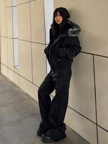 Women's Padded Coat, Warm Thick Padded Coat, Short Puffer Jacket With Fur Collar, Winter - Black - View 10
