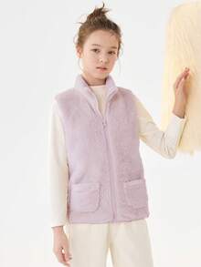 Balabala Áo khoác nỉ san hô BalaOne dành cho bé gái tuổi teen, Áo không tay ấm áp mùa đông 2025, Unisex - tông màu đỏ - Xem 4