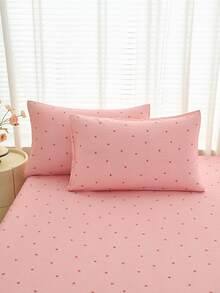 1pc Soft & Breathable Striped Heart Geometric Pattern Fitted Sheet/Mattress Protector Set, Fits Twin, Full, Queen, King Size Beds With Deep Pocket Up To 11.8 Inches, Suitable For Home, School, Dorm, Machine Washable - Watermelon Pink - View 7