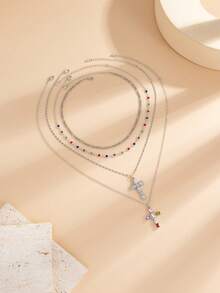 4pcs Vintage Fashionable Multi-Element Metal Cross Pendant Necklace, Layered Charm Necklace Set For Women - Yellow Gold - View 9