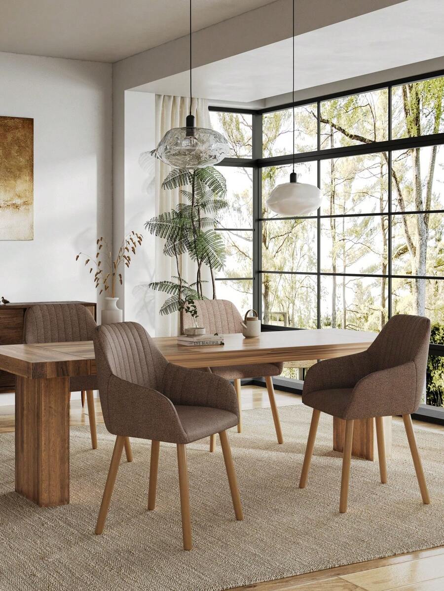 Goeurvant Modern Vertical-Stripe Upholstered Dining Chairs With Armrests And Solid Wood Legs For Dining Room, Kitchen, Living Room - Set Of 2 / Set Of 4 / Set Of 6 - Mocha Brown - 摩卡棕 - 查看 1