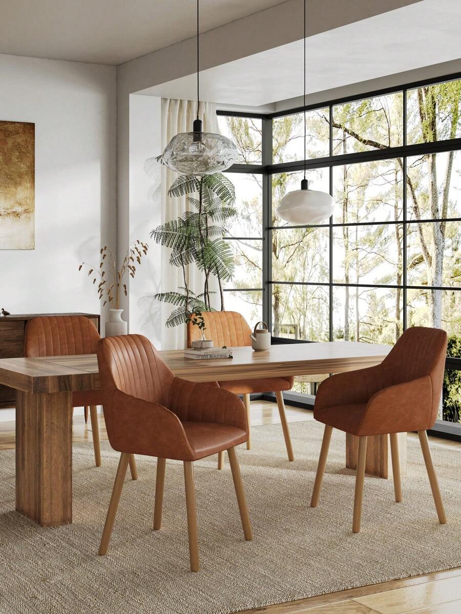 Goeurvant Modern Vertical-Stripe Upholstered Dining Chairs With Armrests And Solid Wood Legs For Dining Room, Kitchen, Living Room - Set Of 2 / Set Of 4 / Set Of 6 - Brown - Brown - View 1