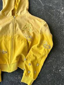Unisex Streetwear Hip-Hop Zip-Up Hoodie - Yellow Crystal Embellished Comic Embroidery Cropped Sweatshirt - Màu vàng - Xem 3