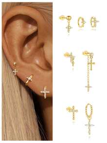 2件/3件装 十字架925纯银耳钉 女士耳钉 永恒线耳钉 日常佩戴 婚礼派对 订婚 圣诞礼物 精致珠宝