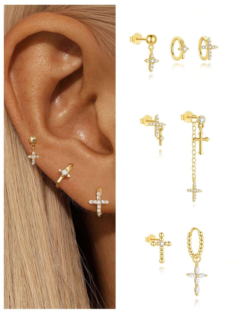 2件/3件装 十字架925纯银耳钉 女士耳钉 永恒线耳钉 日常佩戴 婚礼派对 订婚 圣诞礼物 精致珠宝