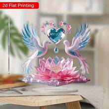 一对2D水晶鸟摆件，饰以心形和莲花图案 - 2D亚克力桌面摆件，带夹子支架，适合家居、咖啡厅和户外装饰，是情人节、万圣节、周年纪念日、新年、圣诞节、复活节和春季的完美之选。精湛的工艺使其成为理想的创意礼物。 - 彩色 - 查看 2