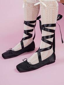 Zapatos de Ballet para mujer, zapatos planos con cordones de otoño, elegantes zapatos de mujer, zapatos de punta cuadrada, zapatos de dama de honor - BBA30 negro - Ver 13