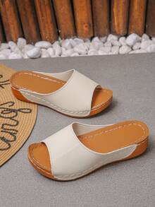 Plus Size 36-45 Summer Fashion Casual Beige Metal Buckle Wedge Heel Sandals, Comfortable Roman Outdoor Slip-On Slippers, Versatile Women Platform Thick Bottom Sandals - Premium Beige PU - View 8