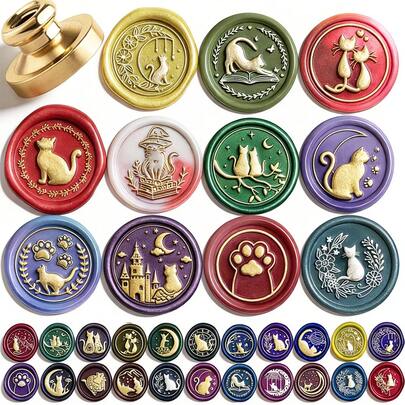 CYFUN DESIGN 1PC Cat Element Wax Seal Brass Stamp Head NO Wooden Handle Vintage Brass Removable Seal Stamp For Collection Wedding Party Invitations Envelopes Cards Gift Packing,Back To School,School Supplies