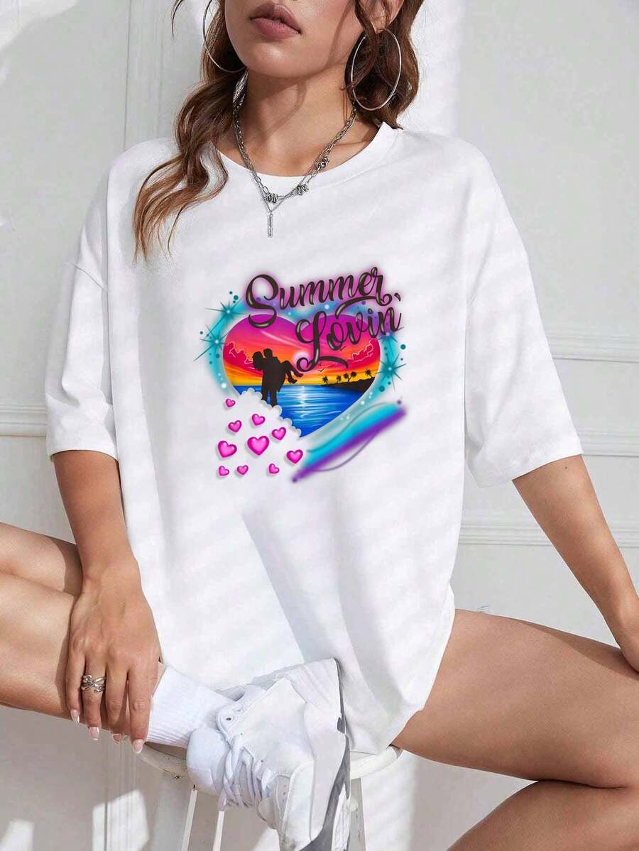 Retro Romantic Airbrush Couples Tropical Beach Wedding T-Shirt - 100% Cotton Graphic Tees Women, Womens Relaxed Fit Clothing For All Seasons - 白色 - 查看 1