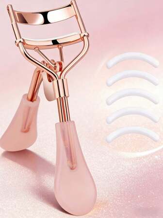 1 Set Electroplated Pink Handle Eyelash Curler + 5pcs Eyelash Glue Strips, Long-Lasting Shaping Natural Curling Convenient Eyelash & Eyebrow Tool