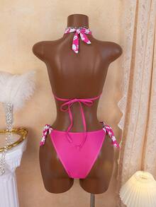 Temptaria Bộ bikini hai mảnh mùa hè dành cho nữ, họa tiết hoa, xếp ly, buộc dây phía trước, gồm áo và quần tam giác, thích hợp cho kỳ nghỉ. - Nhiều màu - Xem 3