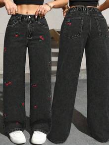 Elegant Cherry Embroidery Fashion Delicate Pocket Button Solid Color Pants, A Slightly Small Size Suitable For Spring, Summer, Autumn And Winter Daily Casual Outings, Commuting Black - Black - View 3