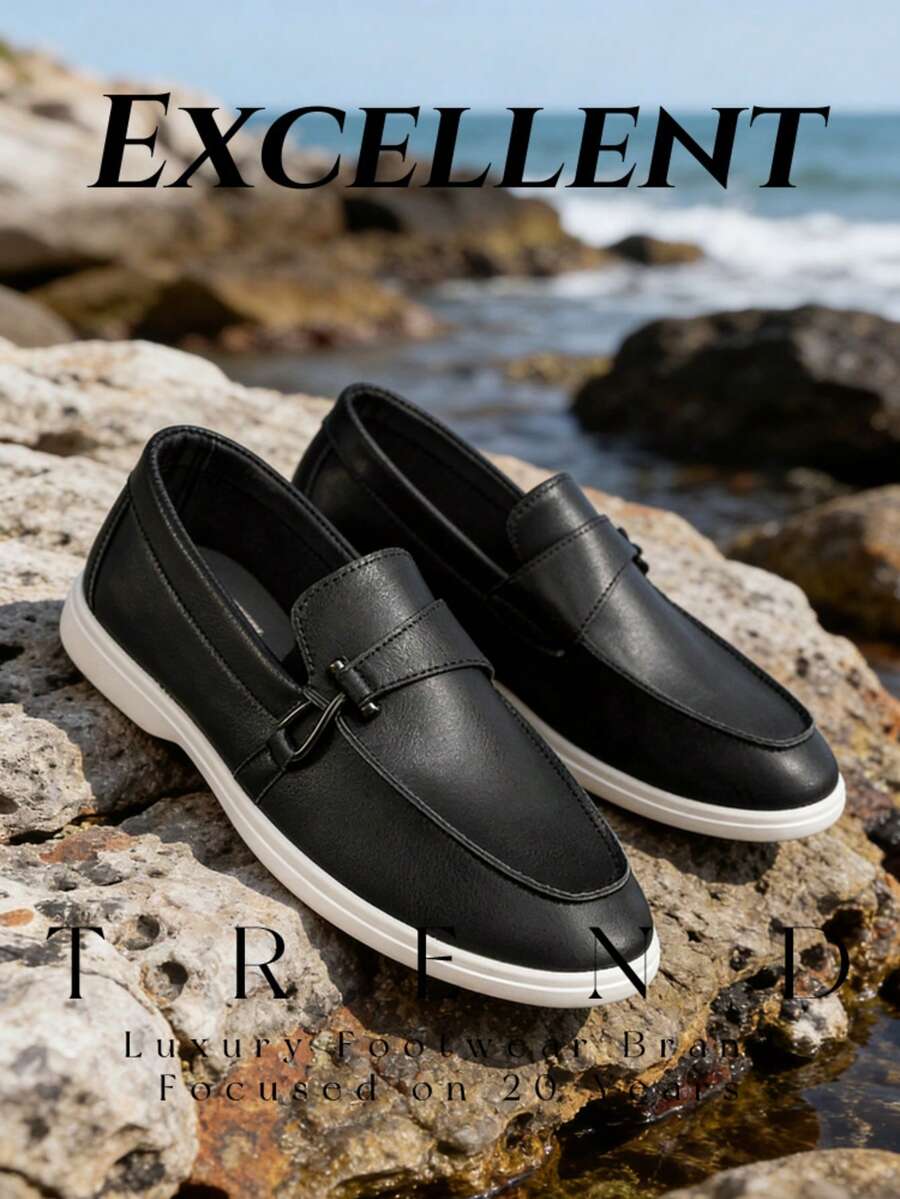 Preppy Office Men's Black Leather Slip-On Loafers, Soft Sole Comfortable Casual Shoes, Versatile Commuter Slouchy Shoes