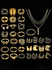 68/58/35pcs Chunky, Vintage, Boho, Elegant Style Geometric Knot, Heart, Butterfly, Faux Pearl, Crystal Bling Bling, Twist, Braided, Multi-Layer, Square, Star, Moon, Tassel Pendant Necklace, Earrings, Ring, Bracelet Jewelry Set, Fashion, Minimalist, Graceful, Retro Design, Suitable For Holiday, Party, Date, Gift, Daily Wear - Yellow Gold - View 13