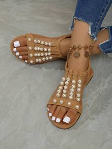 2026 Nuevas sandalias planas de correa plana para verano, sandalias planas marrones - 1 par de zapatos planos elegantes, sandalias con hebilla dorada retro de moda, sandalias de playa y resort, elegante dama, estilo universitario preppy, elegante, resort, playa, bohemio, casual, piel de PU, hebilla, playa, vacaciones, boda, universidad, resort, fiesta, oficina, interior/exterior, primavera/verano/otoño - Marrón - Ver 6