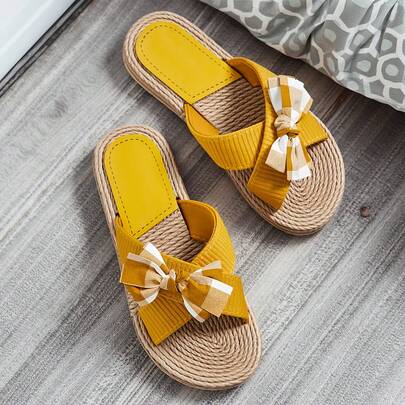 Women'S Striped Black And White Bowknot Decor Slide Sandals, Casual Slip On Flat Summer Shoes, Lightweight Beach Shoes