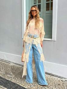 Women's Round Neck Lace Short Front And Long Back Casual Top, Long Sleeve Asymmetrical High Low Dress Cover-Up - 杏色 - 查看 5