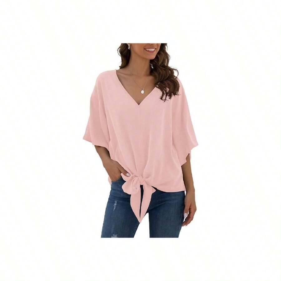 VIOPY Blusa de Gasa Mujer Playeras Camisetas Casuales Cuello V Manga Corta con Lazo Frontal y Mangas murcilago Top de Verano Elegante Alta Elsticos - Rosa + G - Ver 1