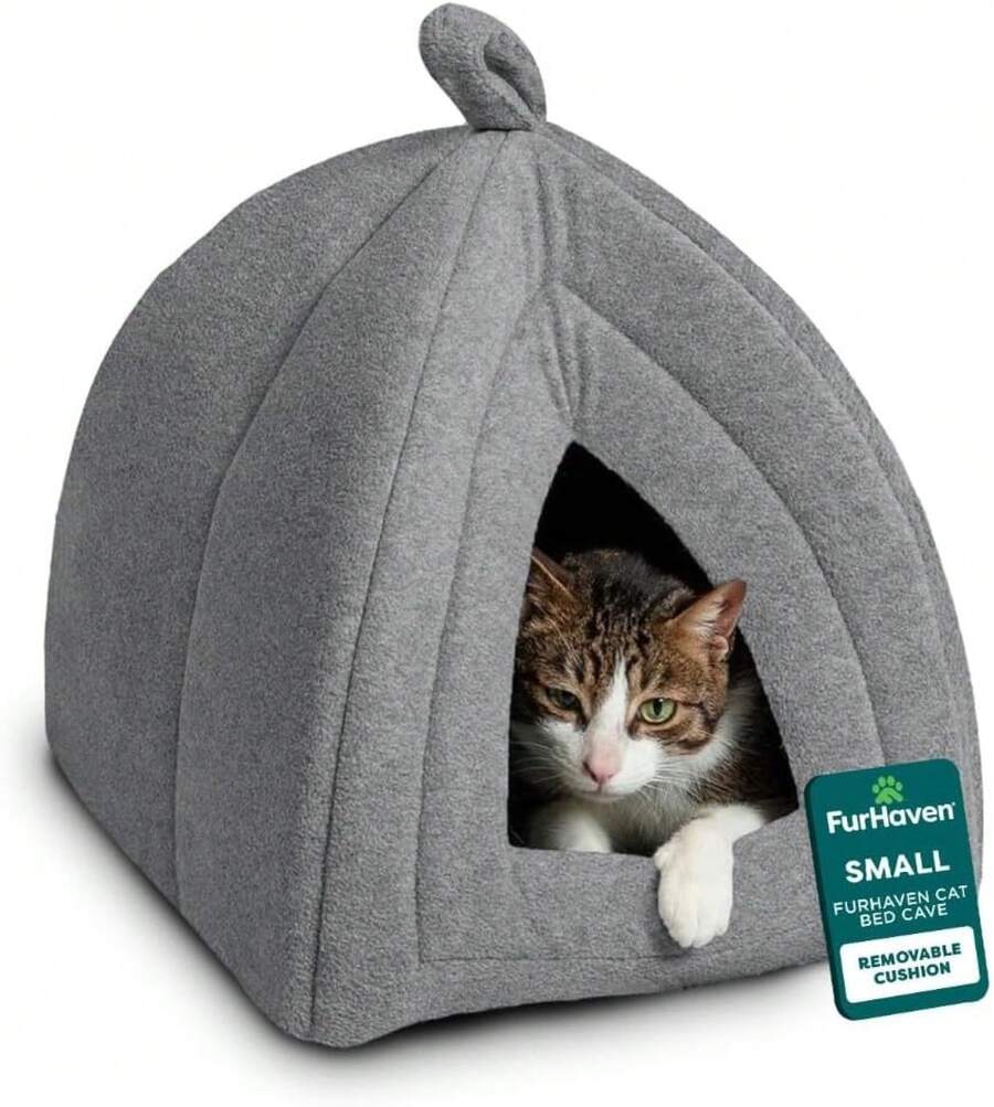Furhaven - Cama para gatos pequeños, de forro polar, plegable, lavable, gris jaspeado, pequeña - Forro polar de algodón, color rosa caramelo. - Ver 1