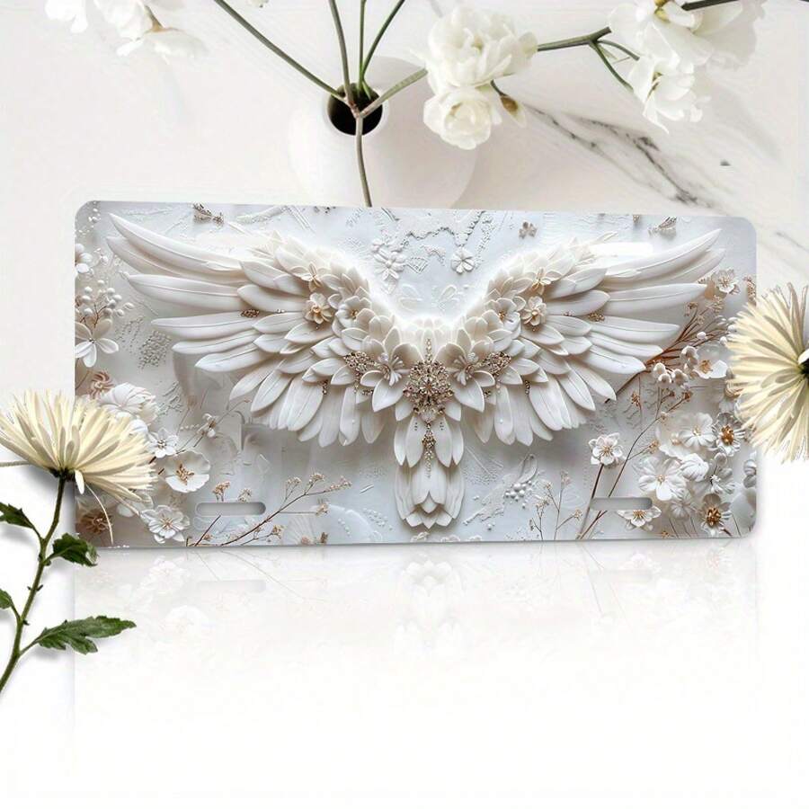 Decorative Use Only, Car P 6x12inch Aluminum Car License Plate With 3D Angel Wings Design - Beautiful Floral Decoration, Decorative Front Plate Vehicles, Car Exterior Accessories, Car Decoration - A - 查看 1