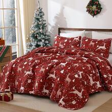 Floral Plaid Patchwork Quilt Set King Size, Reversible Brown Bedding Set Soft Microfiber Lightweight Bedspread Coverlet 3 Piece All - Season Use (104x90 Inches) - 聖誕節馴鹿 - 查看 1