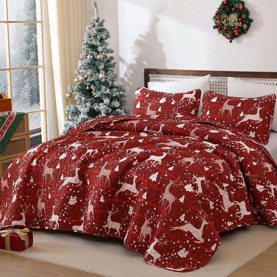 Floral Plaid Patchwork Quilt Set King Size, Reversible Brown Bedding Set Soft Microfiber Lightweight Bedspread Coverlet 3 Piece All - Season Use (104x90 Inches) - 聖誕節馴鹿 - 查看 1