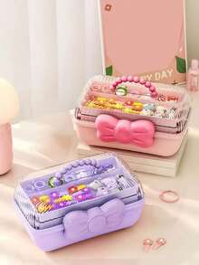 1 pieza Organizador de accesorios para el cabello: Caja de almacenamiento de 3 niveles con divisores, cierre con forma de lazo y asa de transporte | Gran capacidad | Almacenamiento duradero rosa o morado para horquillas, tarjetas de goma, pegatinas y manualidades | Regalo perfecto para niñas.