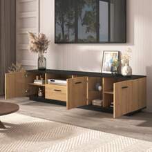 Mobile porta TV con un cassetto, tre ante, due vani a giorno, mobile porta TV in vetro, scheda madre TV, mobile porta TV basso, struttura raffinata. Legno nero e naturale. - nero - Visualizzare 9